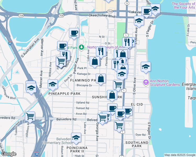 map of restaurants, bars, coffee shops, grocery stores, and more near 701 Flamingo Drive in West Palm Beach