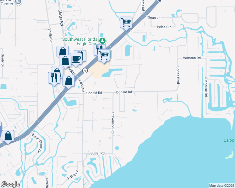 map of restaurants, bars, coffee shops, grocery stores, and more near 1112 Donald Road in North Fort Myers