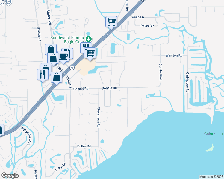 map of restaurants, bars, coffee shops, grocery stores, and more near 1144 Donald Road in North Fort Myers