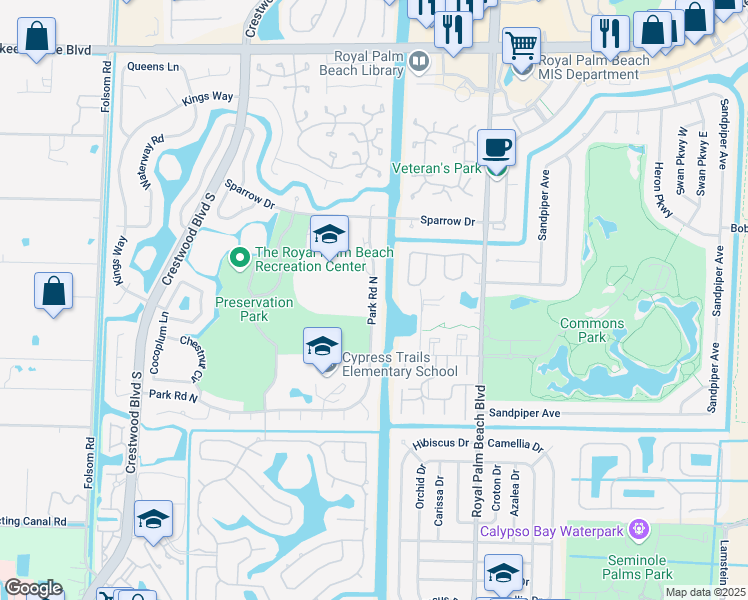 map of restaurants, bars, coffee shops, grocery stores, and more near 116 Park Road North in Royal Palm Beach