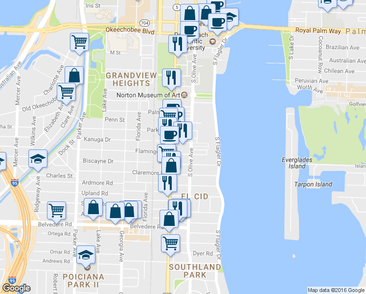map of restaurants, bars, coffee shops, grocery stores, and more near 324 North Bromeliad in West Palm Beach