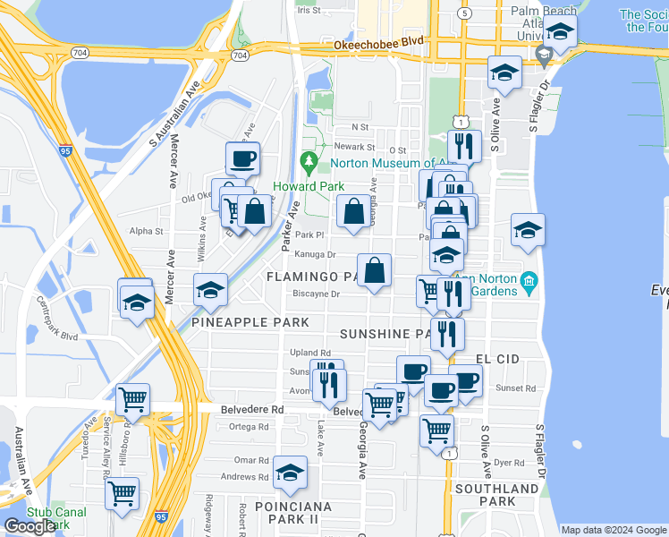 map of restaurants, bars, coffee shops, grocery stores, and more near 736 Kanuga Drive in West Palm Beach