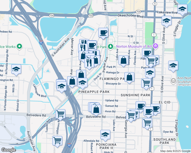 map of restaurants, bars, coffee shops, grocery stores, and more near 1604 Clare Avenue in West Palm Beach