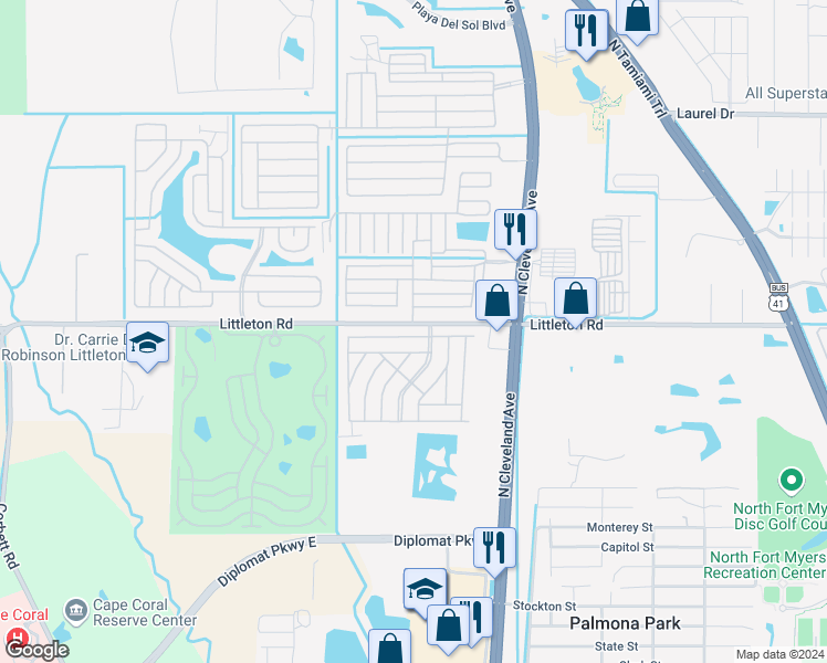 map of restaurants, bars, coffee shops, grocery stores, and more near in North Fort Myers