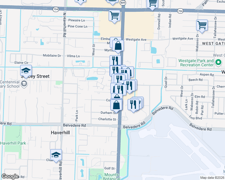 map of restaurants, bars, coffee shops, grocery stores, and more near in Westgate