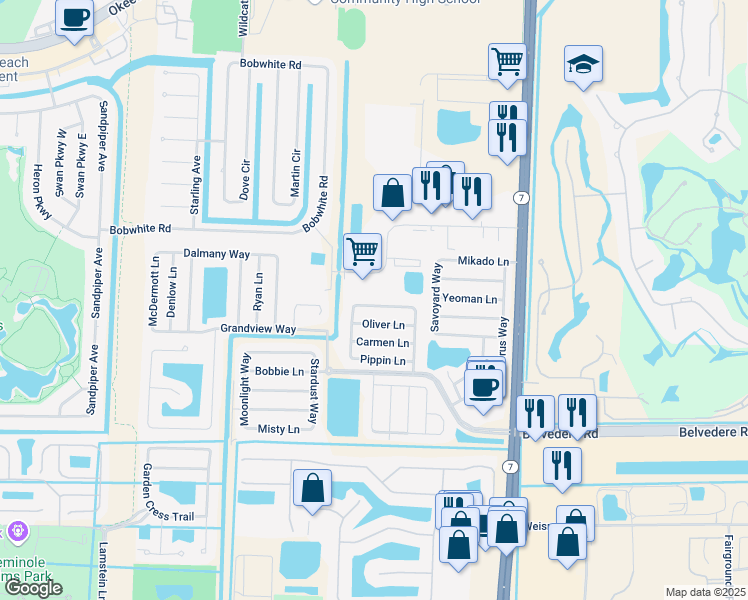 map of restaurants, bars, coffee shops, grocery stores, and more near 10387 Showboat Lane in Royal Palm Beach