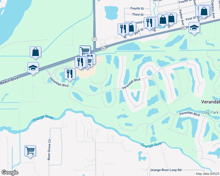 map of restaurants, bars, coffee shops, grocery stores, and more near 11591 Verandah Blvd in Fort Myers