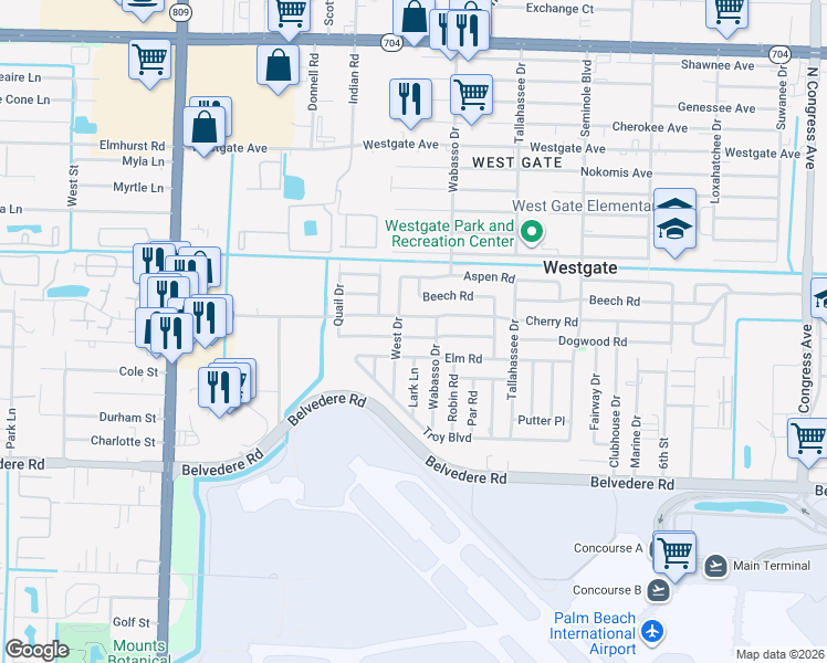 map of restaurants, bars, coffee shops, grocery stores, and more near 812 Cherry Road in West Palm Beach
