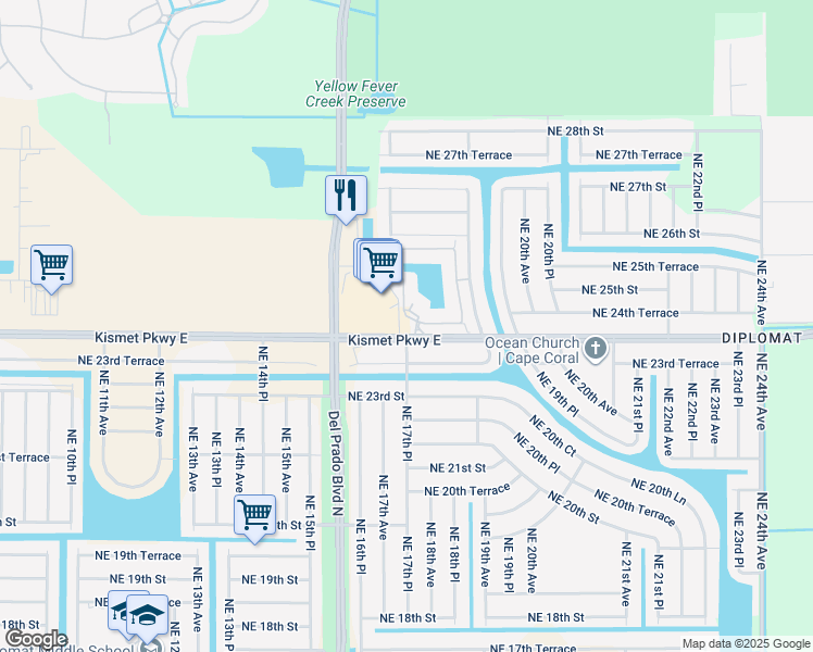 map of restaurants, bars, coffee shops, grocery stores, and more near 110 Concordia Lake Circle in Cape Coral