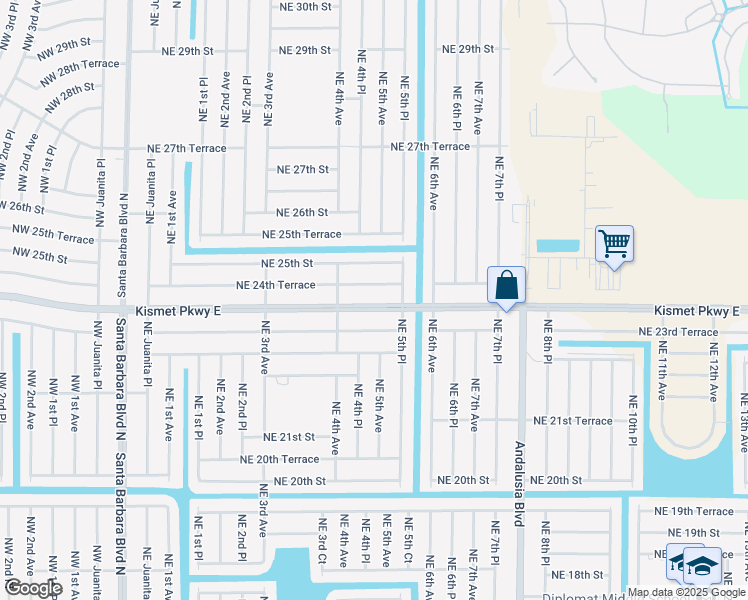map of restaurants, bars, coffee shops, grocery stores, and more near 502 Northeast 24th Terrace in Cape Coral