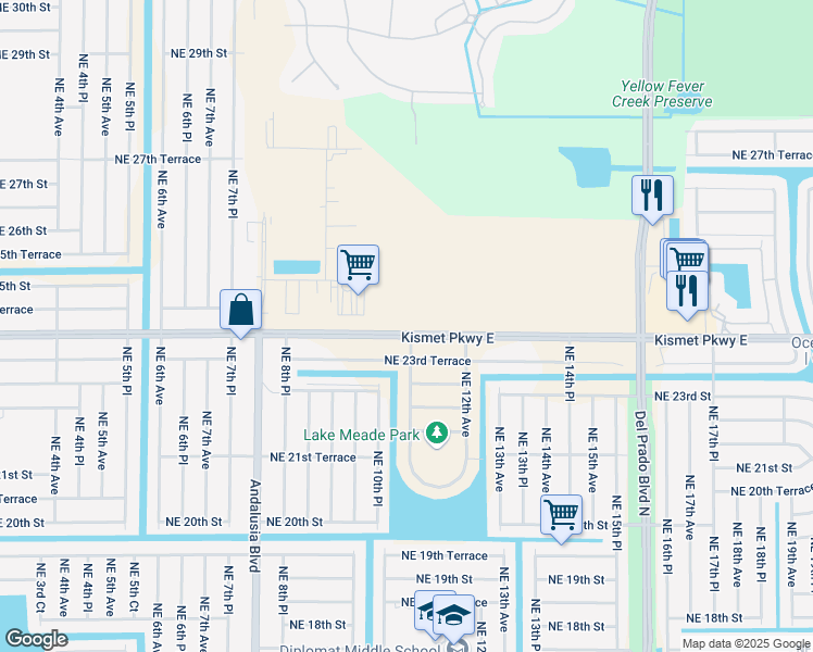 map of restaurants, bars, coffee shops, grocery stores, and more near 1031 Kismet Parkway East in Cape Coral