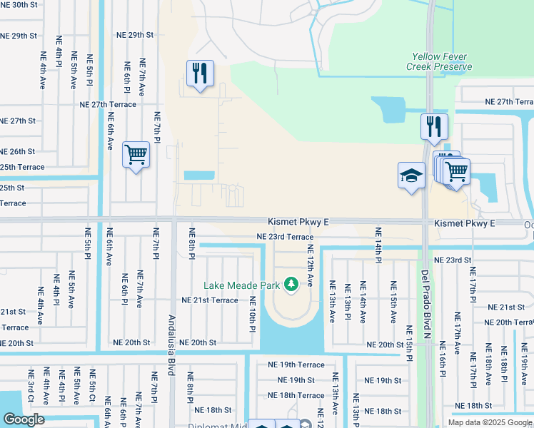 map of restaurants, bars, coffee shops, grocery stores, and more near 1031 Kismet Parkway East in Cape Coral