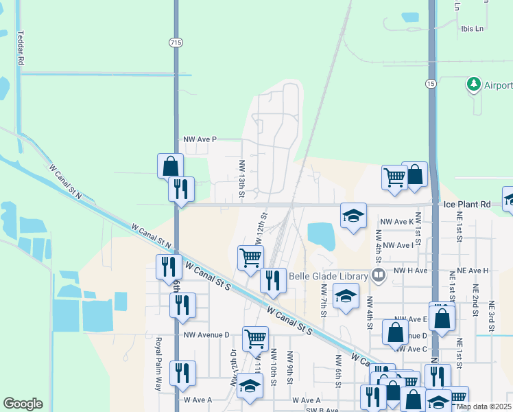 map of restaurants, bars, coffee shops, grocery stores, and more near 1204 Northwest Avenue L in Belle Glade