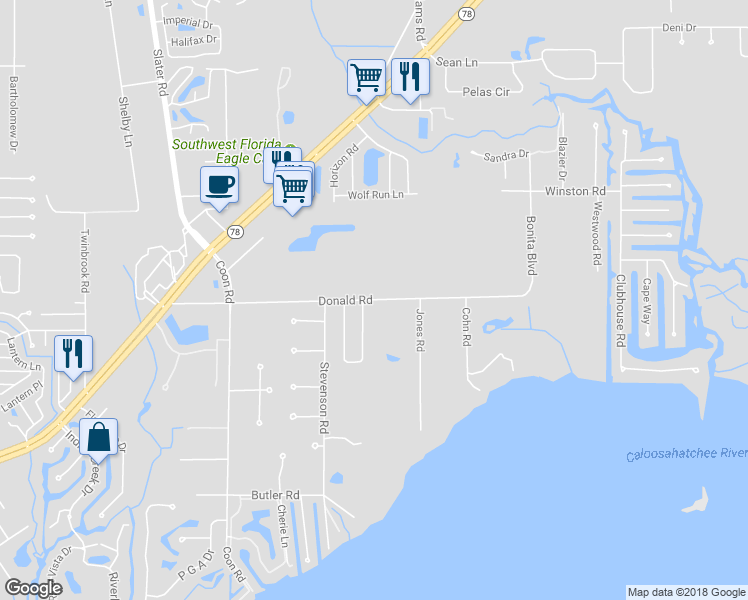 map of restaurants, bars, coffee shops, grocery stores, and more near 1150 Donald Road in North Fort Myers