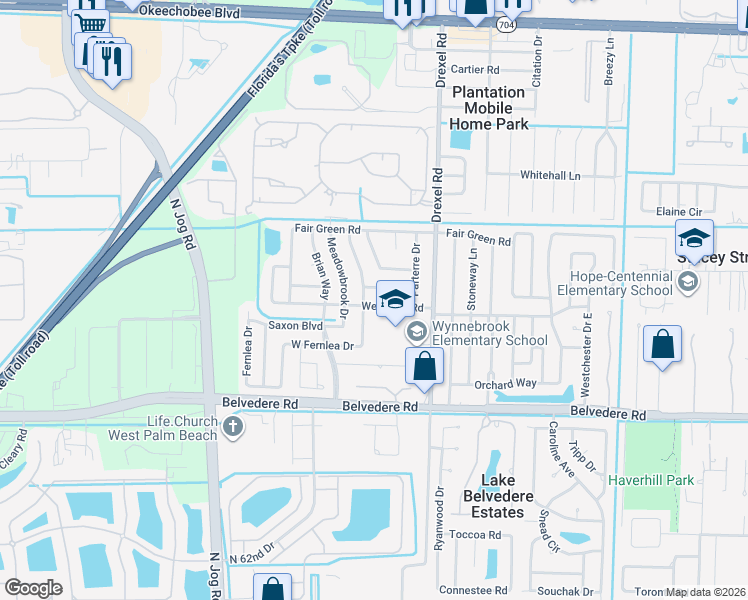 map of restaurants, bars, coffee shops, grocery stores, and more near 6172 Haddon Road in West Palm Beach