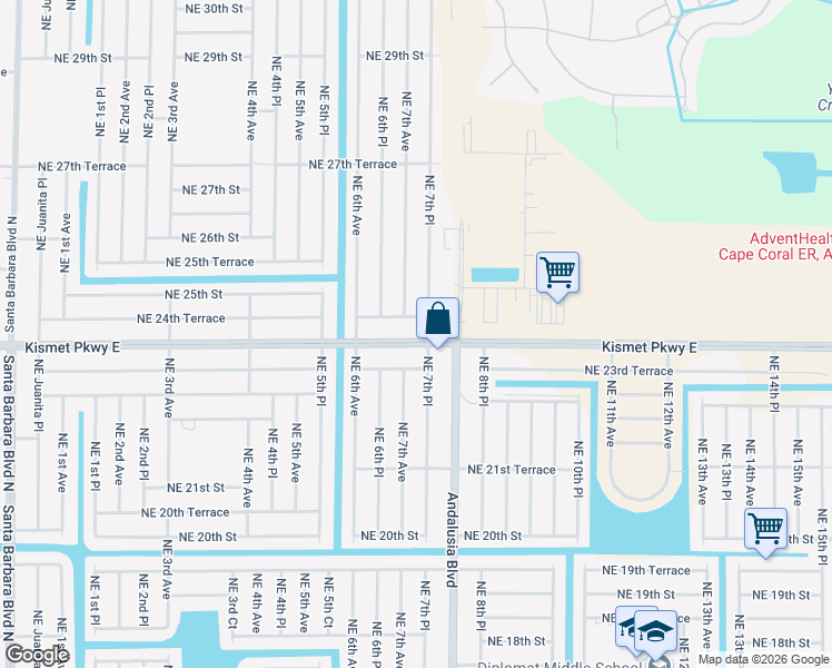 map of restaurants, bars, coffee shops, grocery stores, and more near 706 Northeast 24th Terrace in Cape Coral