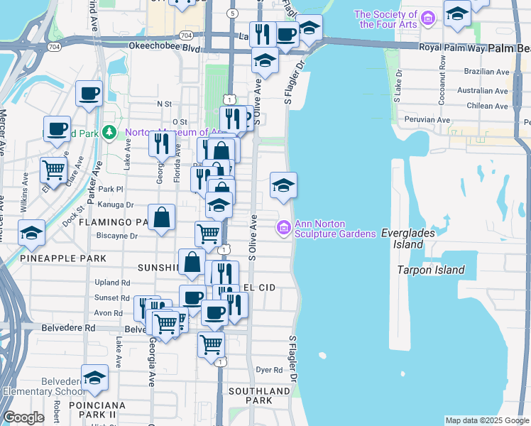 map of restaurants, bars, coffee shops, grocery stores, and more near 220 Wildermere Road in West Palm Beach