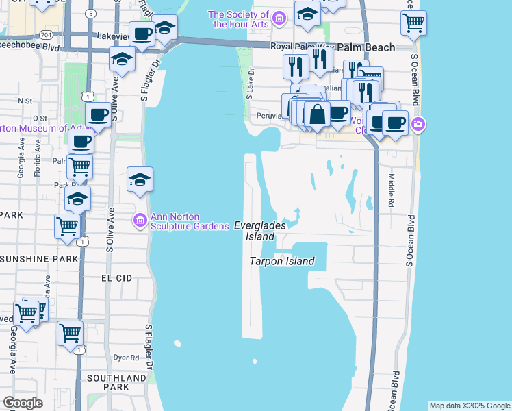 map of restaurants, bars, coffee shops, grocery stores, and more near 560 Island Drive in Palm Beach