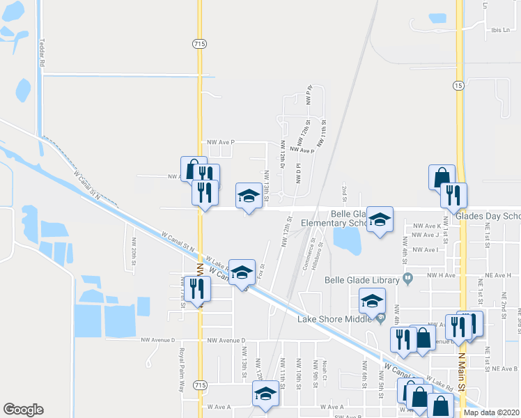 map of restaurants, bars, coffee shops, grocery stores, and more near 1284 Northwest Avenue L in Belle Glade