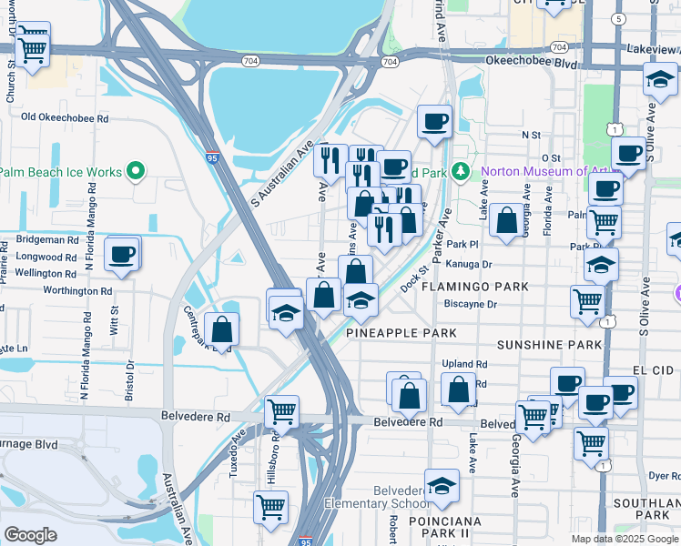 map of restaurants, bars, coffee shops, grocery stores, and more near 1212 Longwood Street in West Palm Beach