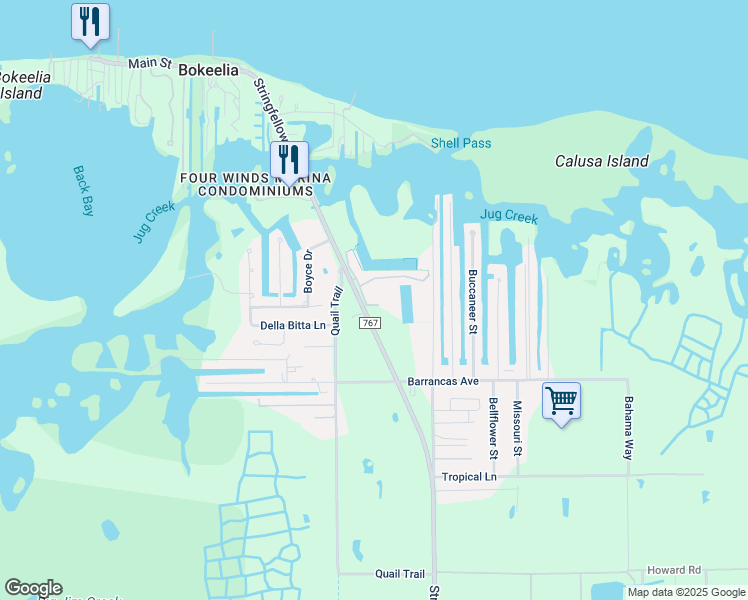 map of restaurants, bars, coffee shops, grocery stores, and more near 7660 Captains Harbor Drive in Bokeelia