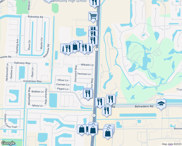 map of restaurants, bars, coffee shops, grocery stores, and more near 10067 Yeoman Lane in Royal Palm Beach