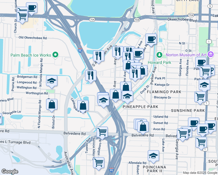 map of restaurants, bars, coffee shops, grocery stores, and more near 1321 Wellington Street in West Palm Beach