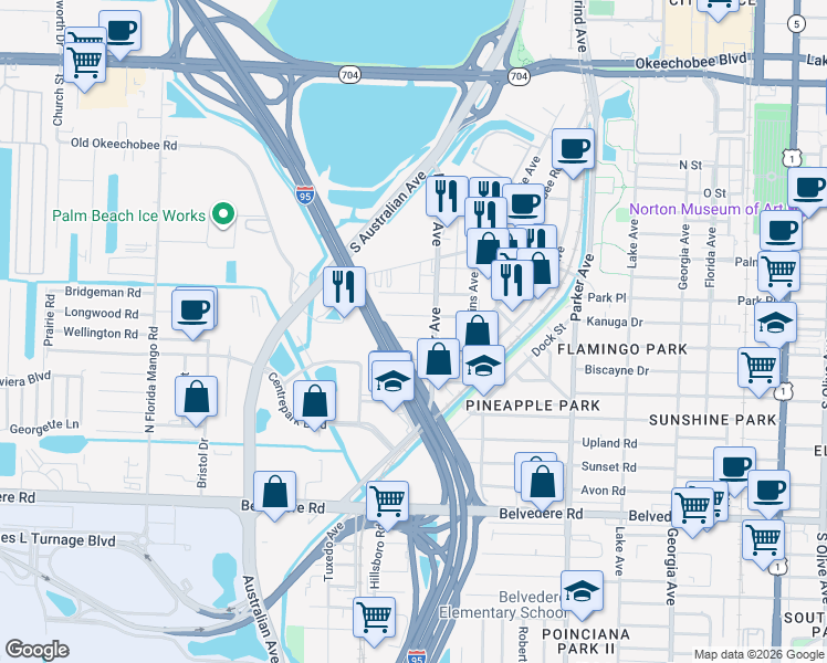 map of restaurants, bars, coffee shops, grocery stores, and more near 1321 Wellington Street in West Palm Beach