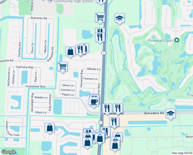 map of restaurants, bars, coffee shops, grocery stores, and more near 1360 Chorus Way in Royal Palm Beach