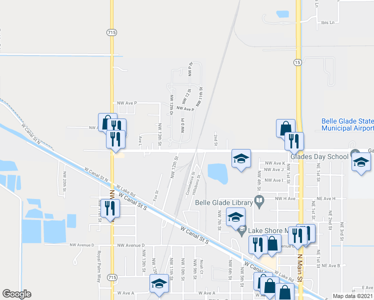 map of restaurants, bars, coffee shops, grocery stores, and more near 999 Northwest Avenue L in Belle Glade