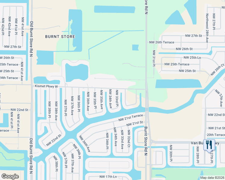 map of restaurants, bars, coffee shops, grocery stores, and more near 2341 Northwest 34th Avenue in Cape Coral