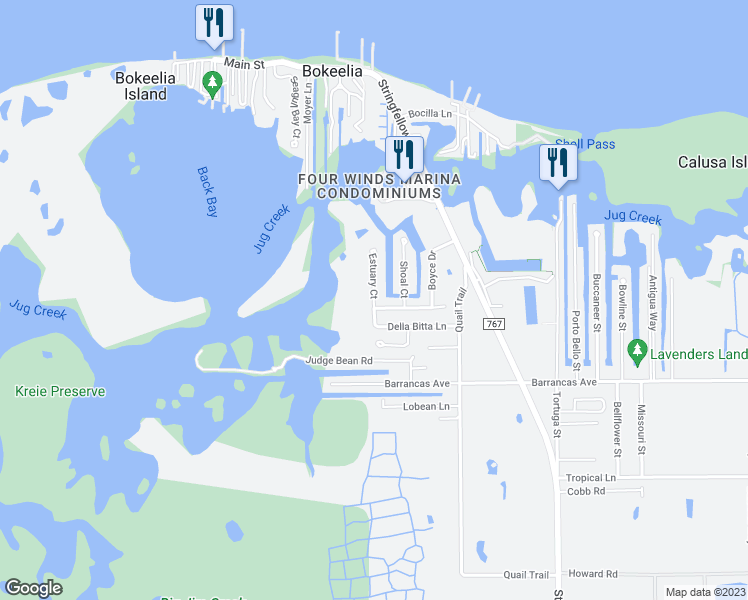 map of restaurants, bars, coffee shops, grocery stores, and more near 16259 Estuary Court in Bokeelia