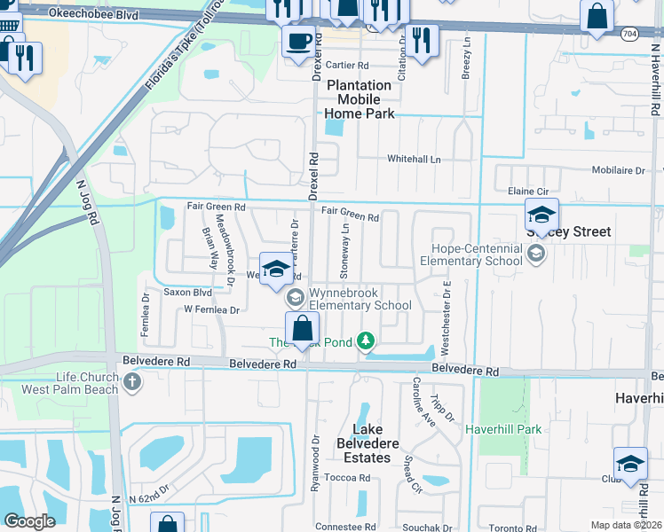 map of restaurants, bars, coffee shops, grocery stores, and more near 1298 Edgehill Road in West Palm Beach