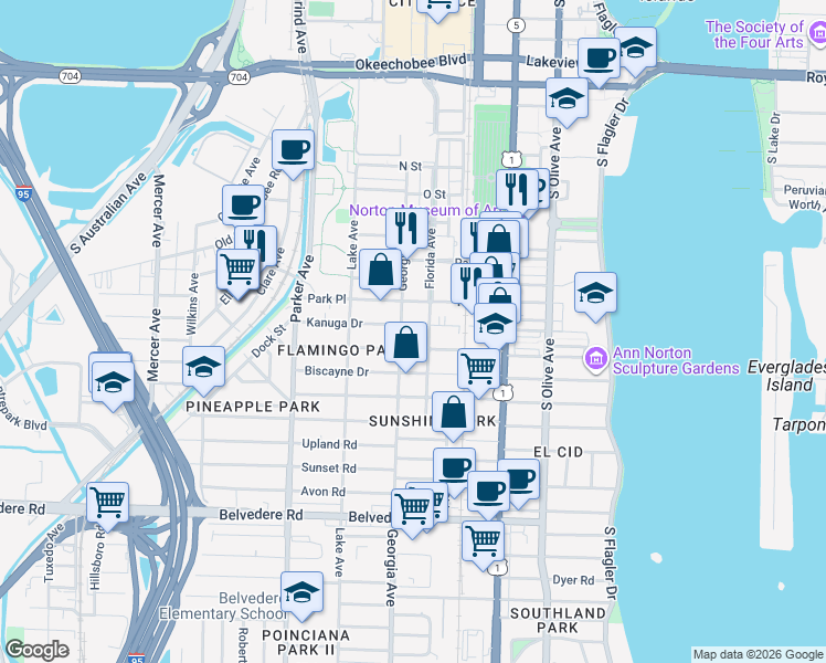 map of restaurants, bars, coffee shops, grocery stores, and more near 618 Kanuga Drive in West Palm Beach