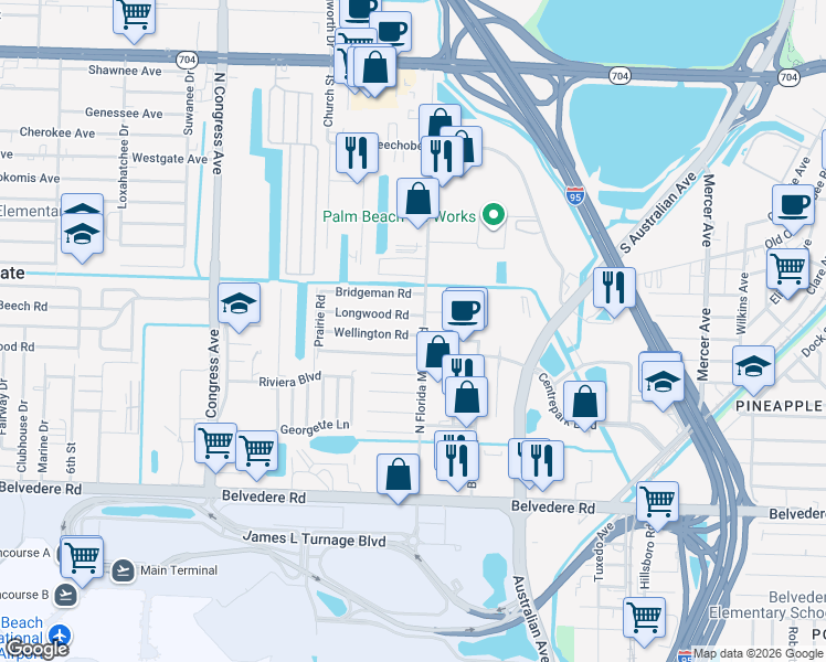 map of restaurants, bars, coffee shops, grocery stores, and more near 2005 Wellington Road in West Palm Beach
