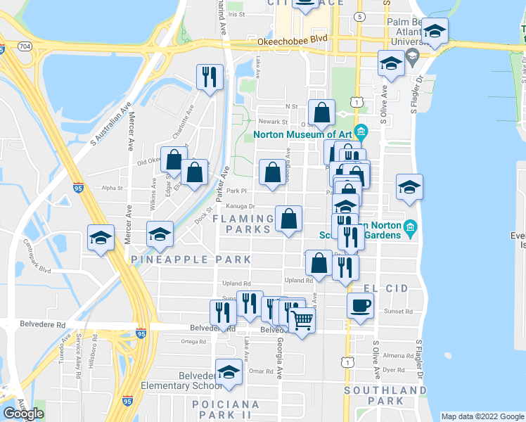 map of restaurants, bars, coffee shops, grocery stores, and more near 736 Kanuga Dr in West Palm Beach