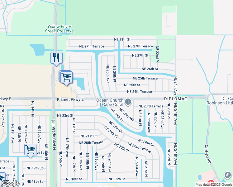 map of restaurants, bars, coffee shops, grocery stores, and more near 2014 Northeast 24th Terrace in Cape Coral