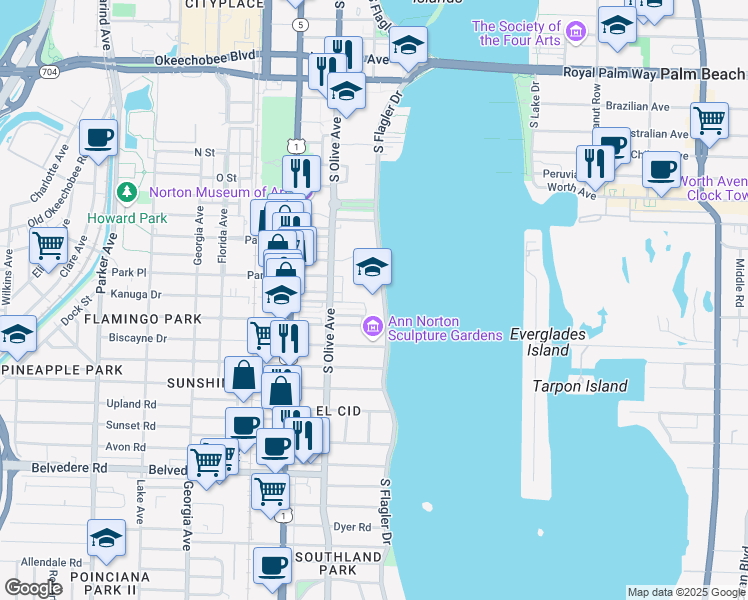 map of restaurants, bars, coffee shops, grocery stores, and more near 1901 South Flagler Drive in West Palm Beach