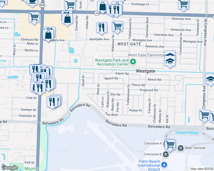 map of restaurants, bars, coffee shops, grocery stores, and more near 812 Cherry Road in West Palm Beach