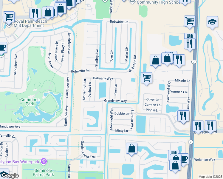 map of restaurants, bars, coffee shops, grocery stores, and more near 1398 Thornbank Lane in Royal Palm Beach