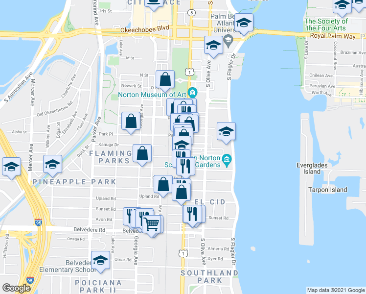 map of restaurants, bars, coffee shops, grocery stores, and more near 424 Kanuga Drive in West Palm Beach
