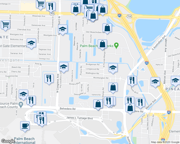 map of restaurants, bars, coffee shops, grocery stores, and more near 2037 Wellington Road in West Palm Beach