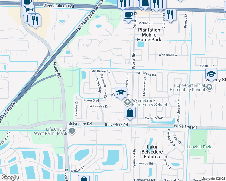 map of restaurants, bars, coffee shops, grocery stores, and more near 6172 Haddon Rd in West Palm Beach