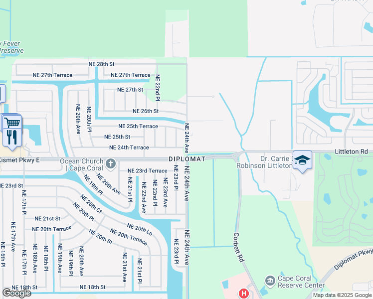 map of restaurants, bars, coffee shops, grocery stores, and more near 2322 Northeast 24th Terrace in Cape Coral