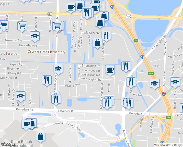 map of restaurants, bars, coffee shops, grocery stores, and more near 2037 Wellington Road in West Palm Beach