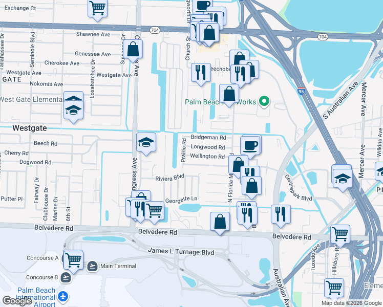 map of restaurants, bars, coffee shops, grocery stores, and more near 2125 Wellington Road in West Palm Beach