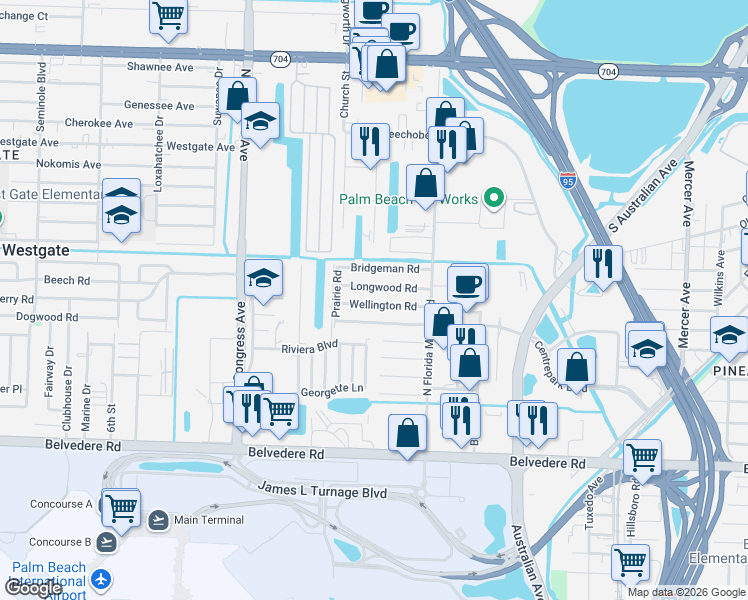map of restaurants, bars, coffee shops, grocery stores, and more near 2037 Wellington Road in West Palm Beach