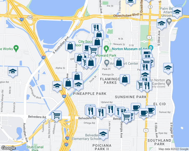 map of restaurants, bars, coffee shops, grocery stores, and more near 1959 Dock Street in West Palm Beach