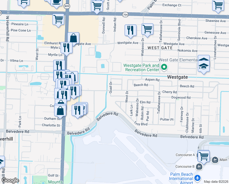 map of restaurants, bars, coffee shops, grocery stores, and more near 1016 Cherry Road in West Palm Beach