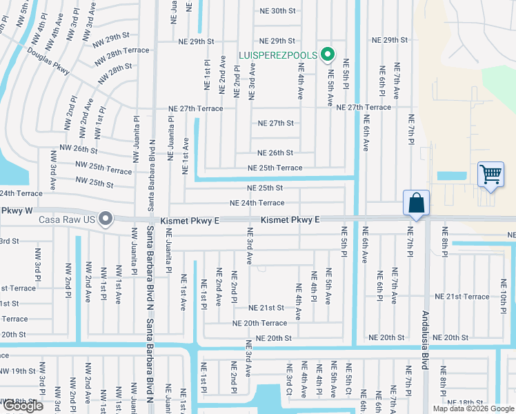 map of restaurants, bars, coffee shops, grocery stores, and more near 304 Northeast 24th Terrace in Cape Coral